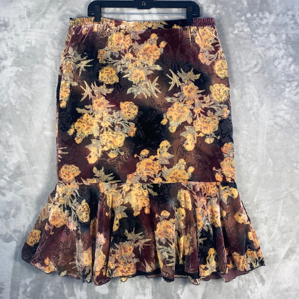 TanJay Women's Floral Velvet Midi Skirt‎ Elastic Waist Flared Hem Size L